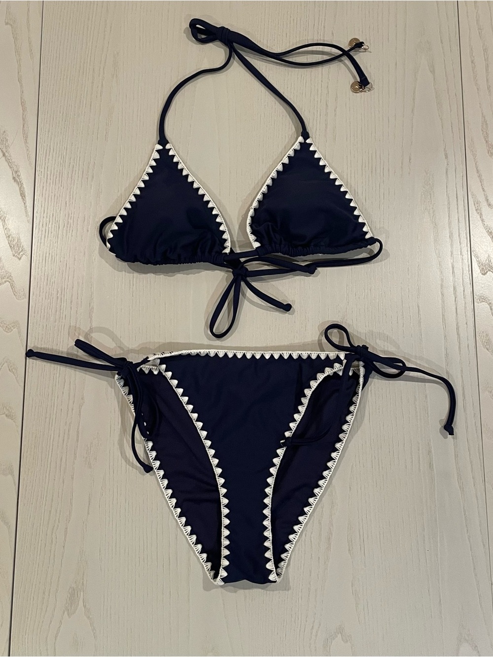 Milly Crochet Trim Triangle String Bikini Set (Navy/White) - Size Small